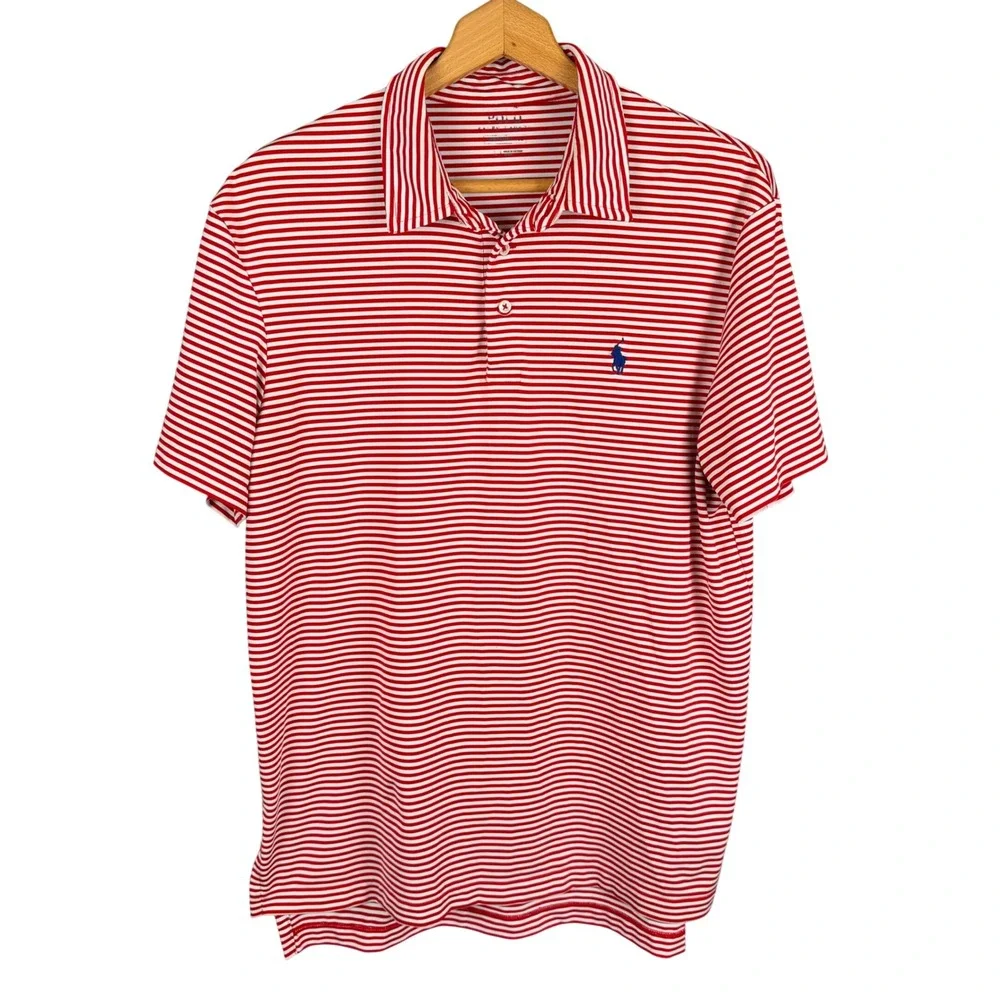 Polo Ralph Lauren Mens Performance Polo Shirt Large Red White Striped Golf Top